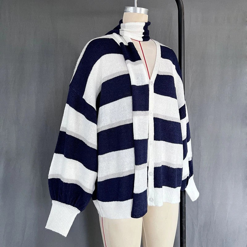Cardigan Christelle™ a Righe con Sciarpa Coordinata