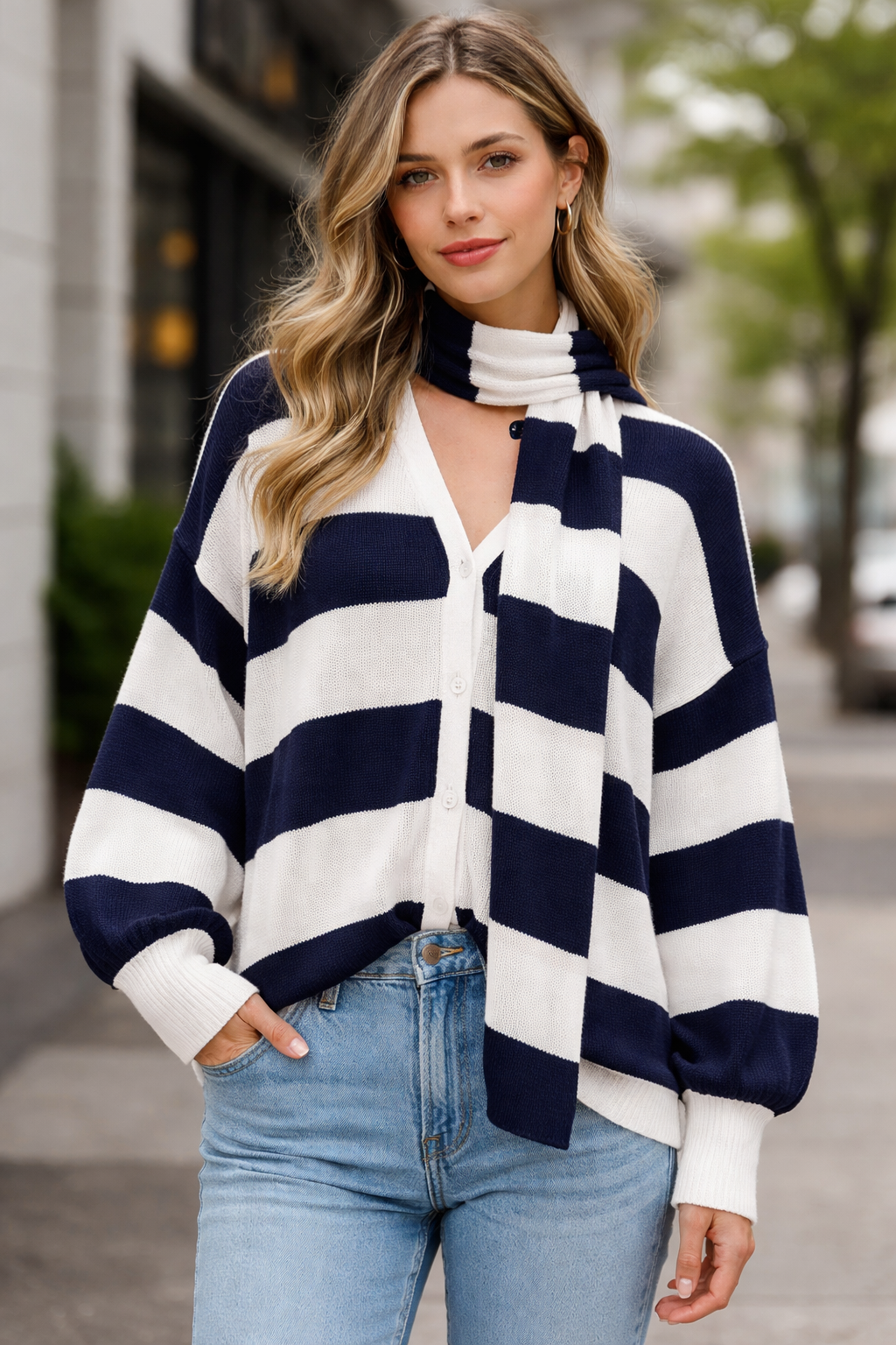Cardigan Christelle™ a Righe con Sciarpa Coordinata