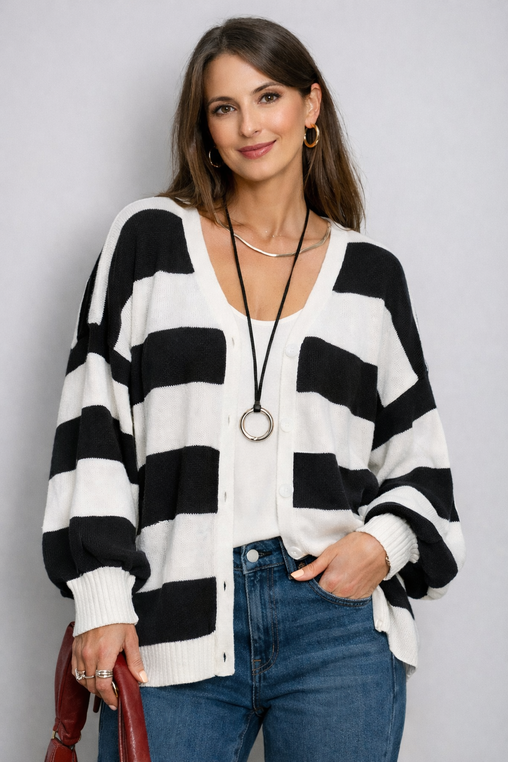 Cardigan Christelle™ a Righe con Sciarpa Coordinata